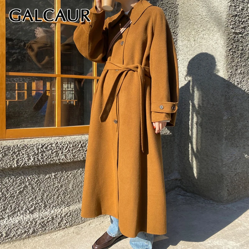 

GALCAUR Casual Solid Trench Coat For Women Lapel Collar Long Sleeve Sashes Korean Fashion Coats Female Autumn Clothing 2021 New