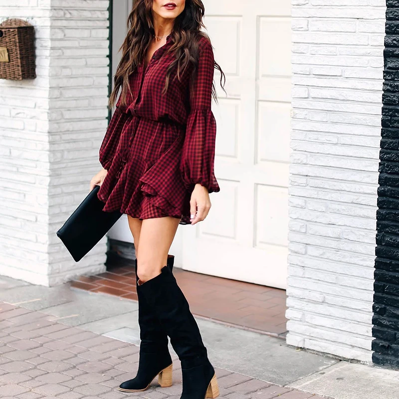 

Plaid Lantern Sleeve Shirt Dress Women Spring Autumn Ruffles Elegant Vintage Casual A-Line Mini Skirt