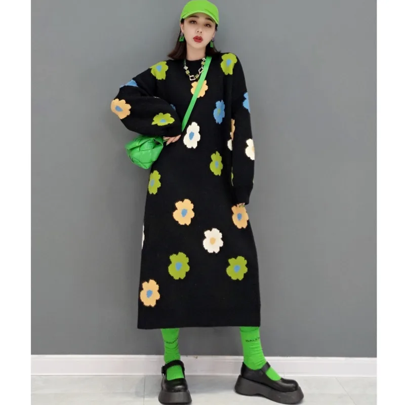 QING MO Fashion Printed Knitted Sweater Dress Women 2022 Spring Winter New Casual Pullover Over The Knee ZWL1509 | Женская одежда