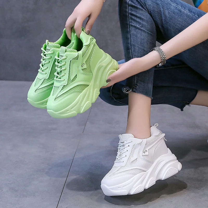 

Women Green Chunky Sneakers 2021 Autumn Thick Bottom Platform Casual Shoes Woman White Height Increasing Vulcanize Shoes