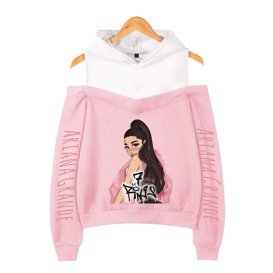 

New kpop Print Ariana Grande Pink Off Shoulder Sweatshirts Women Fashion Casual Kawaii Hoody Ariana Grande Off Shoulder Hoodies