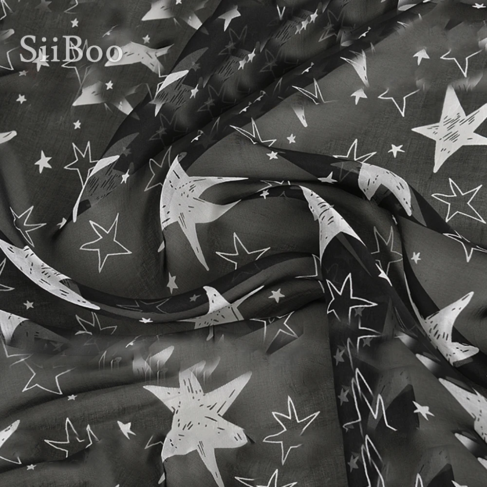 Black white star print 100% natural silk chiffon fabric for beach dress pure tissu telas tecidos stoffen fabrc 6mm SP5192 | Дом и сад