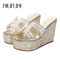 peep toe sequins rhinestones slides 2021 woman shoes new wedge sandals casual gold silver shiny pearl high end womens slippers