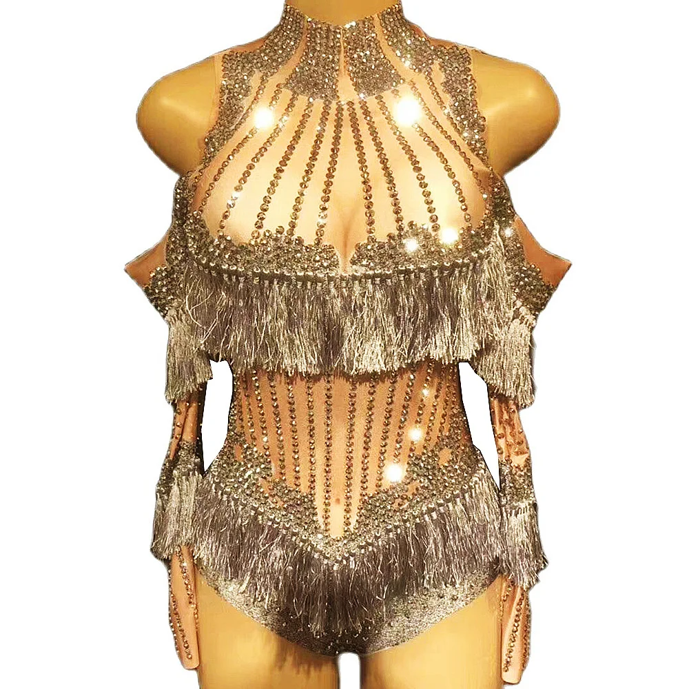 

Shiny Rhinestone Women Backless Bodysuit Glitter Grey Fringe Pole Dance Birthday Celebrate Costumes Nightclub Singer Stage Wear