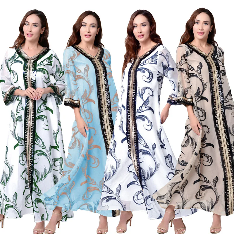 

Islamic Clothing Muslim Fashion Print V-neck Women Abaya Turkey Dubai Ramadan Khimar Long Robe Khimar Kaftan Evening Hijab Dress