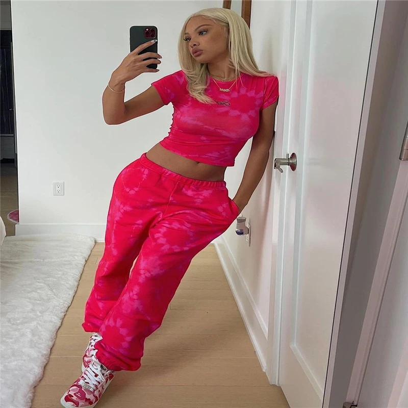 

New Style Sexy Casual Temperament Round Neck Open Navel Short Top Elastic Belt Pants Printed With Pocket Two Piece Set