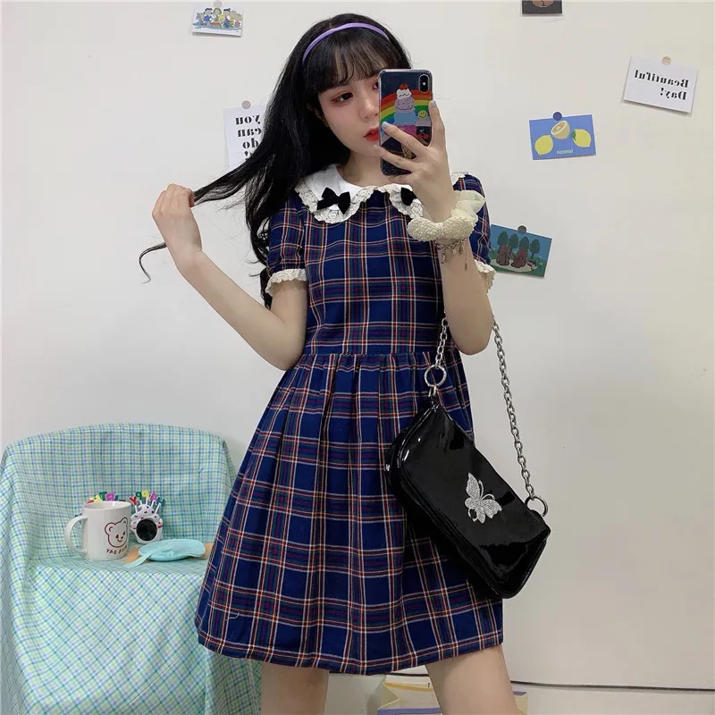 

Japanese Summer College Lolita Style Short Sleeve Dress Vintage Mori Sweet Lace Splice Peter Pan Collar Girl Cute Bow Doll Dress
