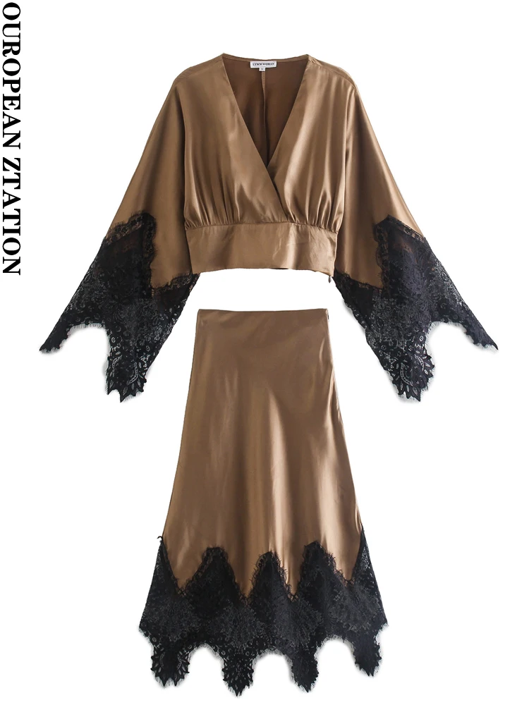 

OUROPEAN ZTATION Женский мягкий атласный кружевной топ-кимоно с длинными рукавами или женская модная элегантная атласная кружевная юбка средней д...