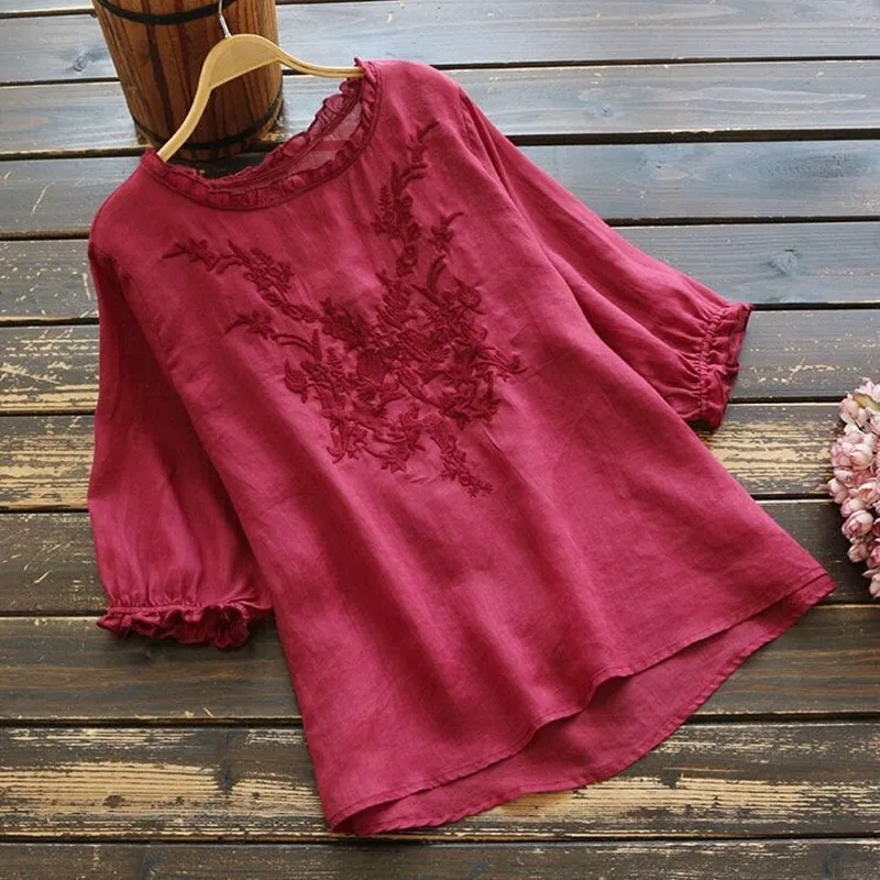 

Women's Summer Cotton Linen Embroidery Ruffles Blouse O-Neck Loose Plus Size Shirt Top Blusa 4XL