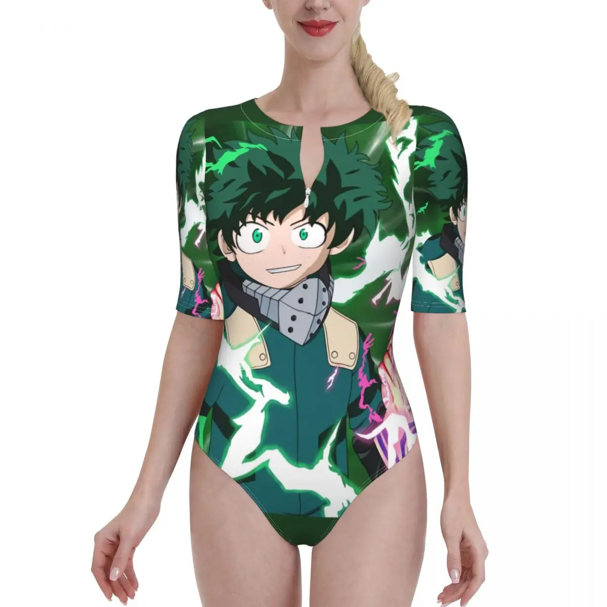

Women 2021 sexy Bikinis My Hero Half Sleeve Zip Women Swimsuit One-Piece Bikini Japanese Anime Beach wear For Women
