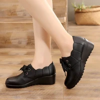 low top lace up soft sole womens single shoe spring autumn wedged heel female leather shoes non slip leisure mother shoes