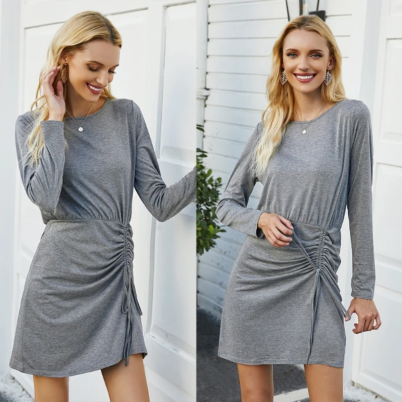 

Women Autumn Long Sleeve O-Neck A-Line Mini Dress Side Ruched Drawstring High Waist Solid Color Irregular Casual Slim Party Club