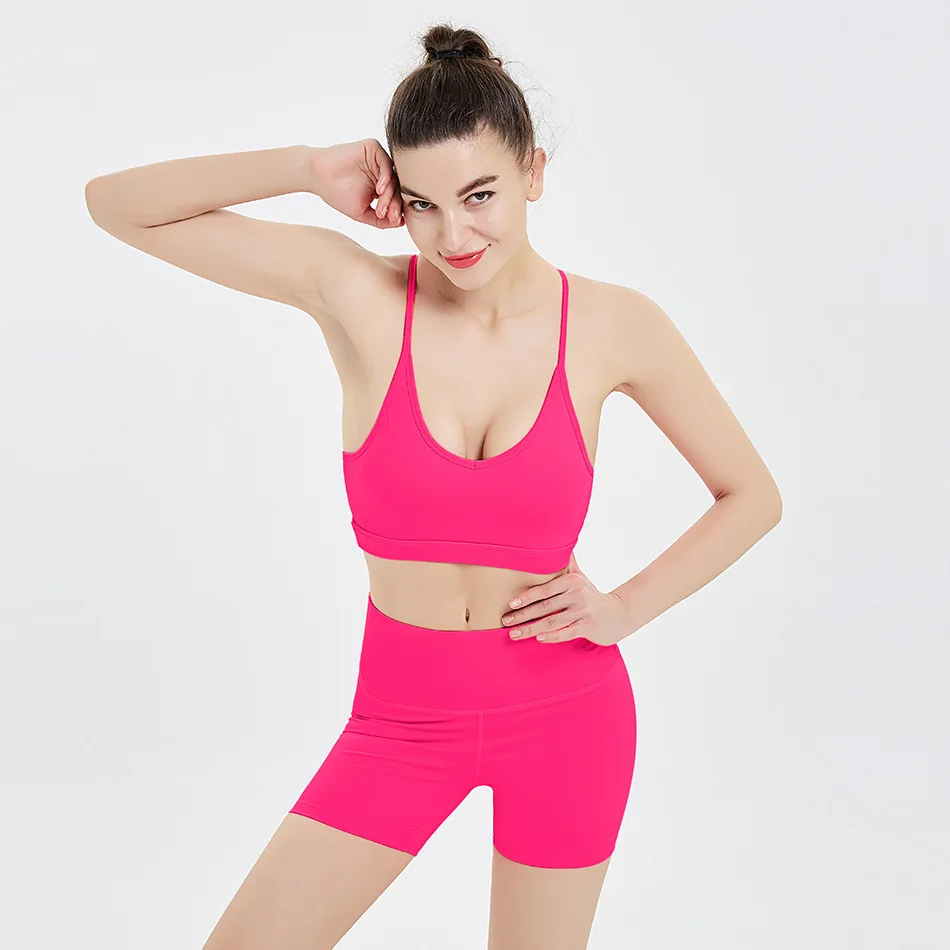 

2 Pieces Yoga Suit Ladies High Waist Shorts Suit Solid Color Gym Clothing Running Leggings Women Gymwear Sportswear Summer 2021