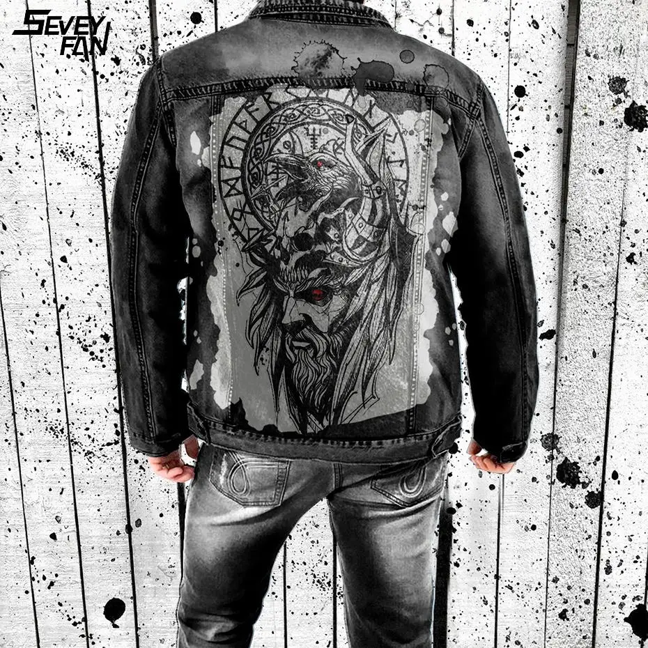 Джинсовая куртка в стиле викингов для мужчин черная модная Облегающая джинсовая