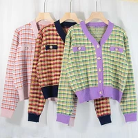 easygarment spring sweet cute korean style short plaid crop top button cardigan v neck coat knitted jacket