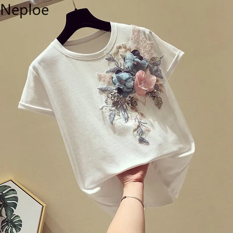 Хлопковая футболка Neploe с аппликацией из бисера и цветов Женская свободная