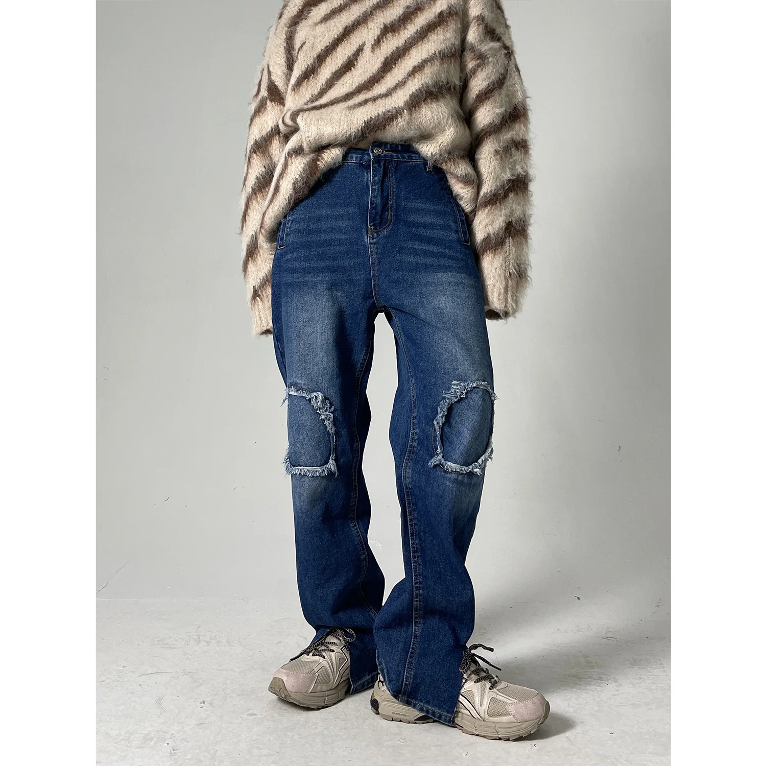 

High Street Slit Trouser Legs Men's Blue Jean Women Oversized Straight Loose Denim Trousers Retro Baggy Jean Pants Streetwear