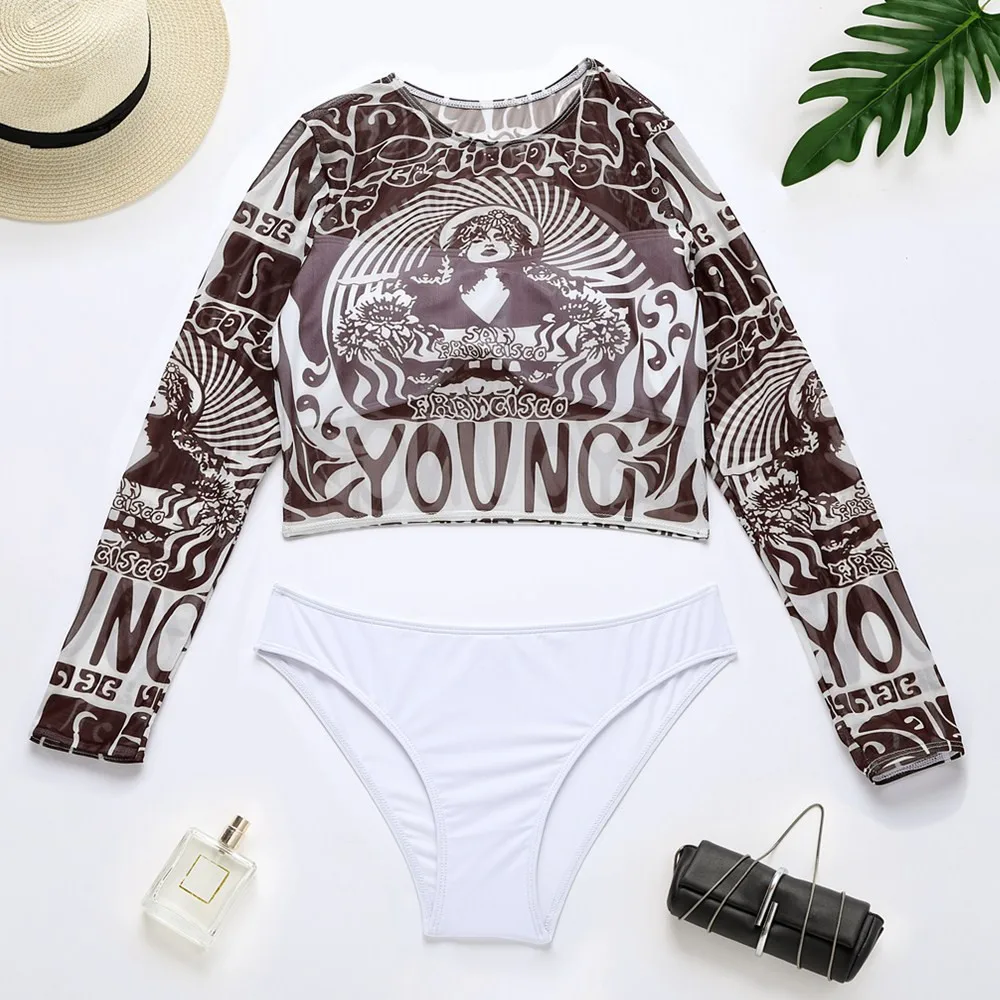 

Swimwear Women's 2021 Ethnic Printed Bikini Ladies Three-piece Bikini Set Long Sleeve Thong Swimwear