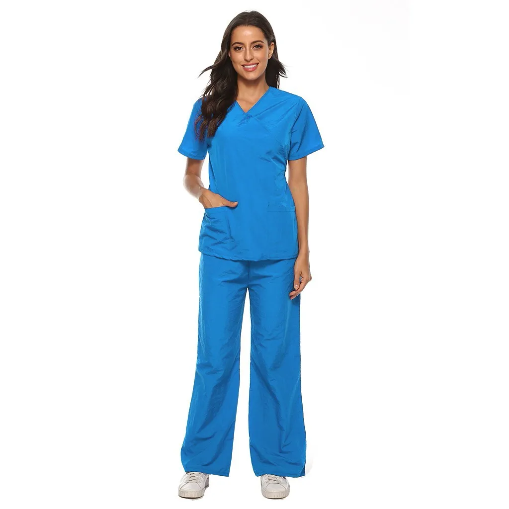 

Scrub Set Women Short Sleeve Small V-Neck Workwear Tops+Pants Working Set Beauty Salon Dental Clinic Suit Overalls Slim Fit A50