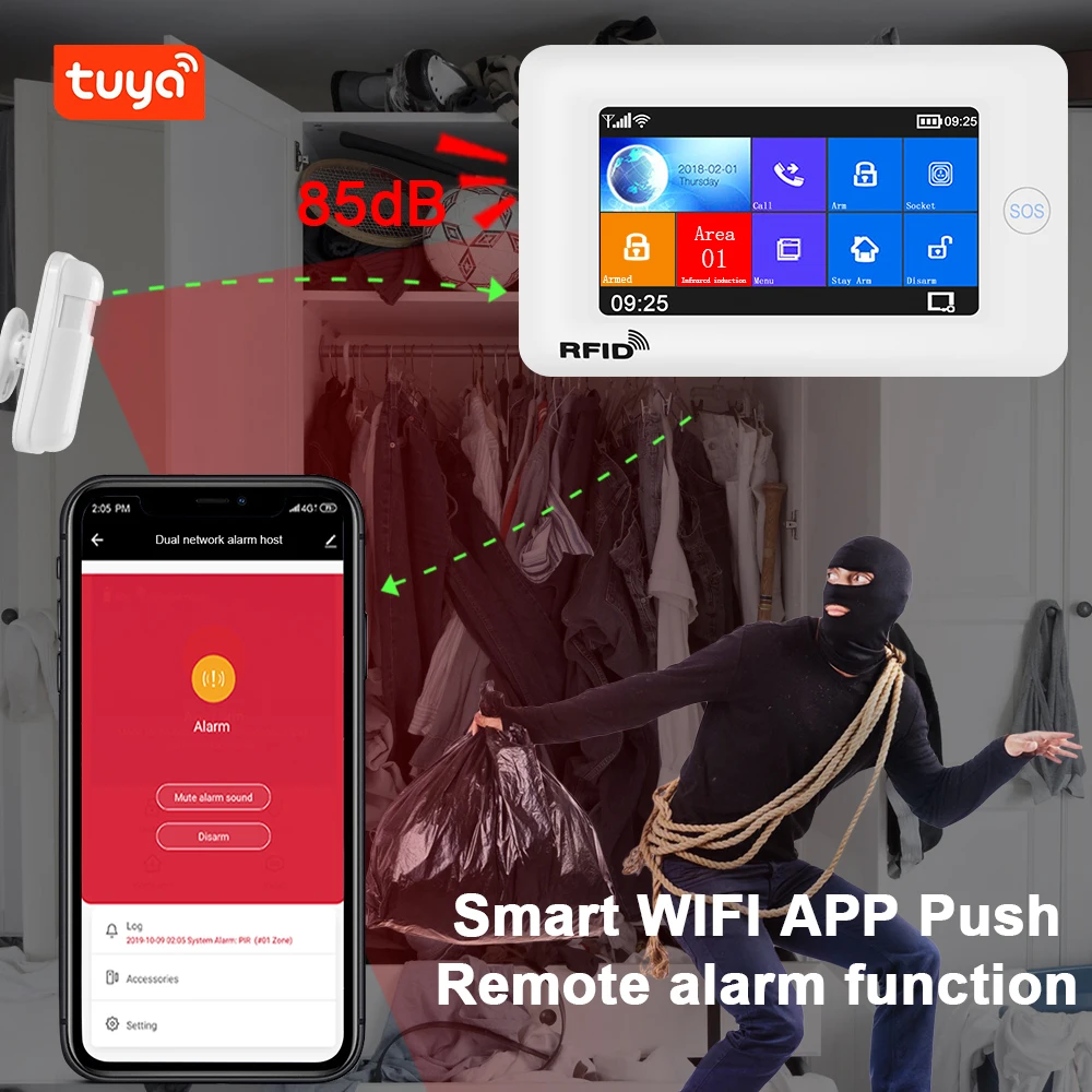 2023 WIFI GSM home Security Burglar smart Alarm System kit Tuya 4.3 inch touch screen APP Remote Control RFID Arm Disarm enlarge