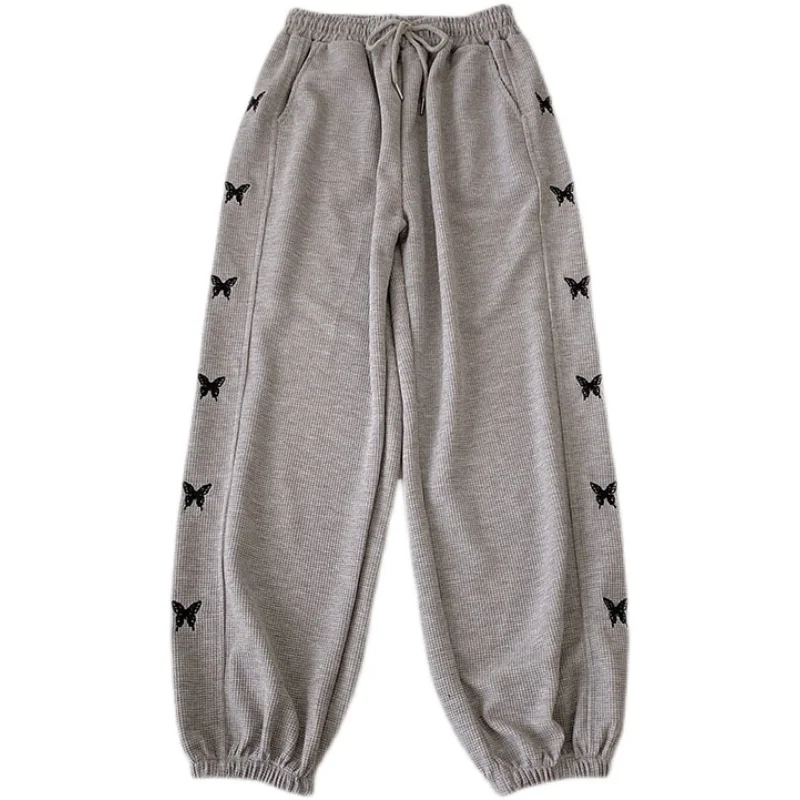 

Женские повседневные брюки, серые осенние брюки с вышивкой в виде бабочек, с высокой талией