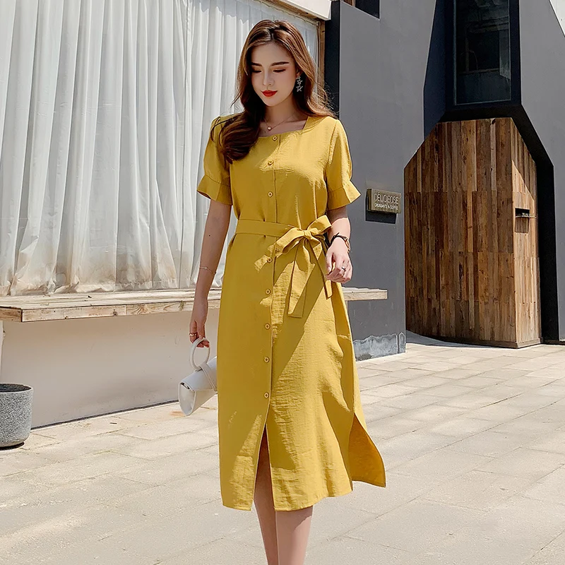 

Cotton Dress Vestido De Mujer Verano 2021 Streetwear Women Mode Femme Linen Robe Chemise Yellow Blue Midi Elbise Short Sleeve