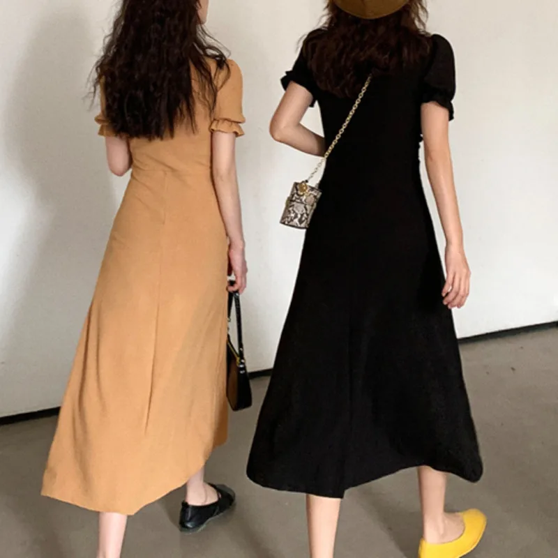 

Summer Elegant Midi Vintage Dress Women 2021 New Office Lady French V-neck Slim Short Black Sleeve Dress Vestidos 2021 Sukienki