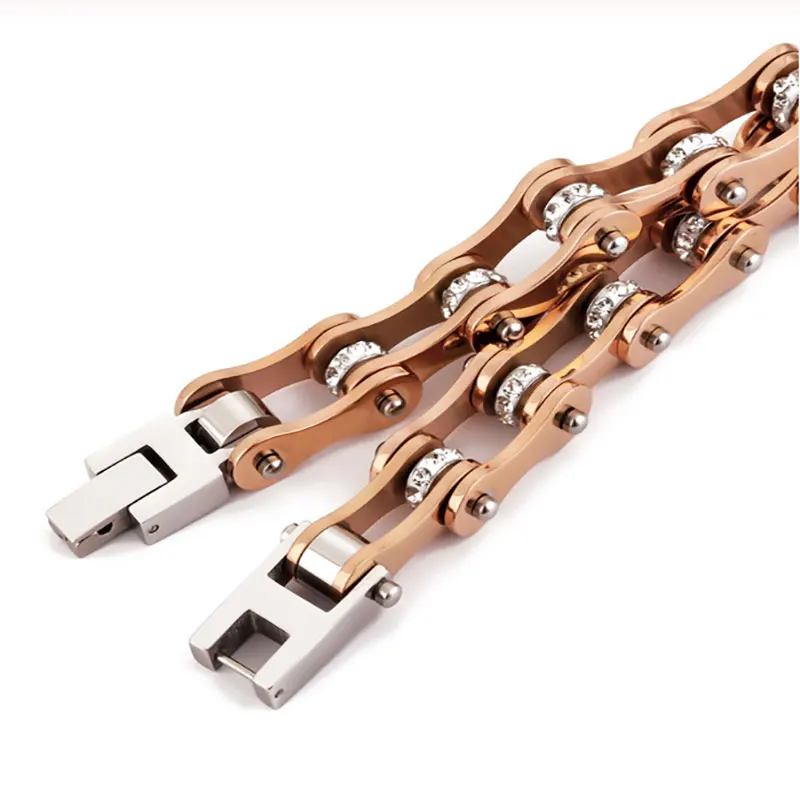 Rose Gold Crystal Bicycle Bracelets 316L Stainless Steel Link Motorcycle Biker Bike Chain Bracelet Jewelry for Girl Women Men | Украшения и