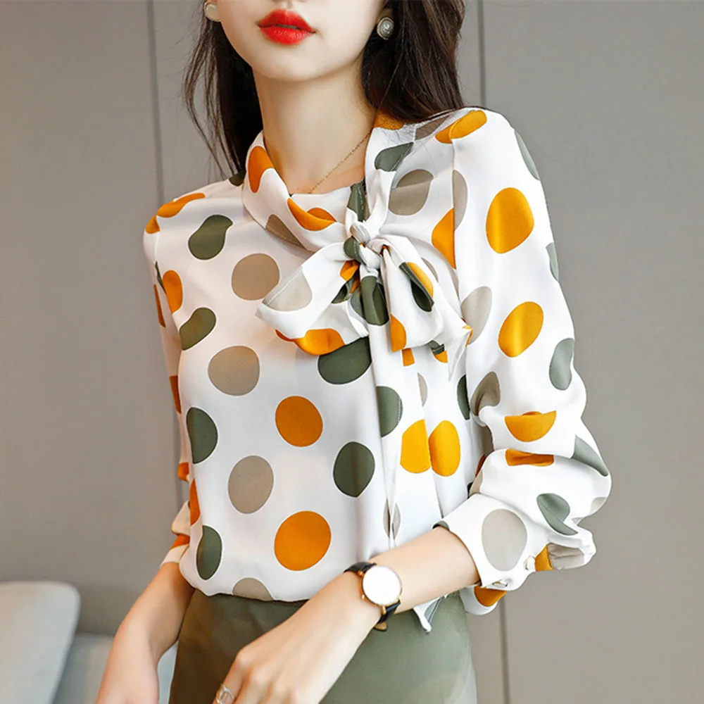 

2021 Early Spring New Big Polka Dot Bowknot Chiffon High-end Western Style Shirt Top Fashion Shirt Women Spring Long Sleeve Wear