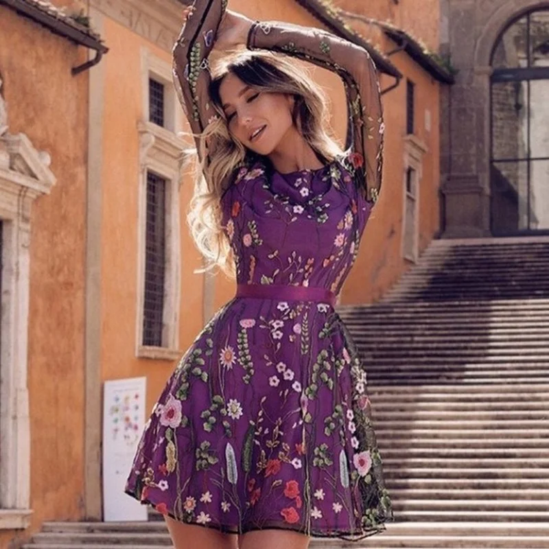 

Women's sexy floral embroidery dress transparent mesh summer boho mini dress