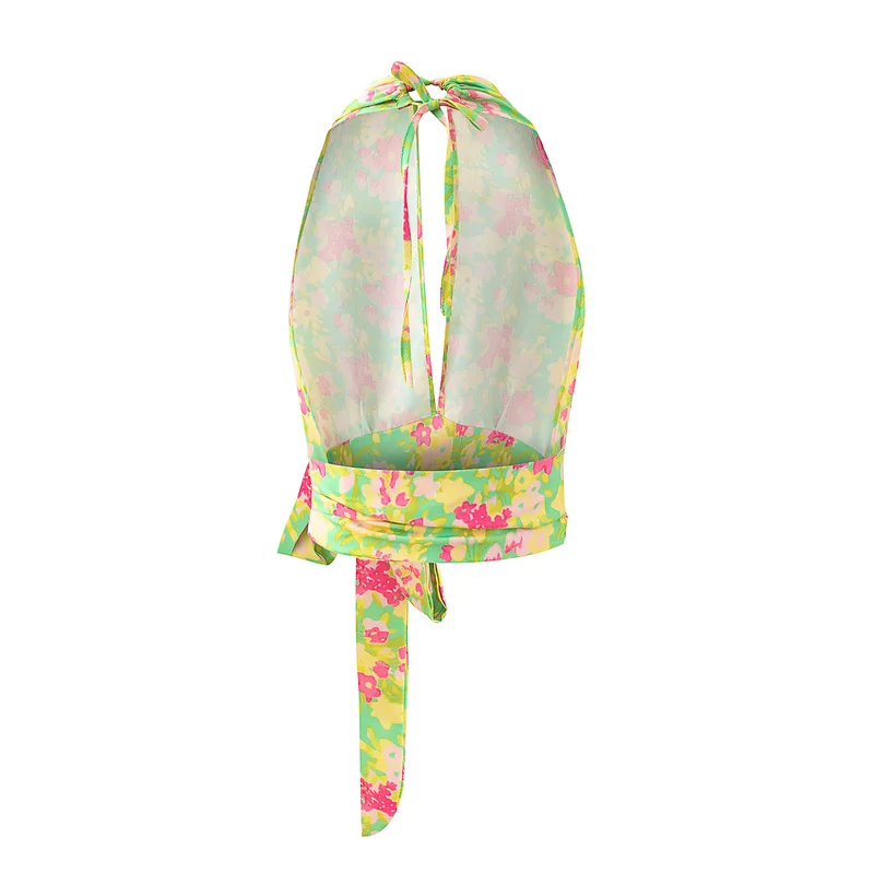 

Sexy Halter Fashion Summer Tee Backless Bandage Crop Top Slim Deep V Neck Camis Cute Green Yellow Floral Print Tank Tops Women