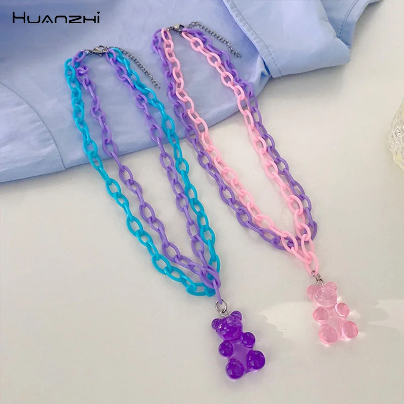 

HUANZHI 2021 INS Colorful Acrylic Chain Transparent Resin Bear Double Layer Choker Necklace for Women Girls Summer Party Jewelry