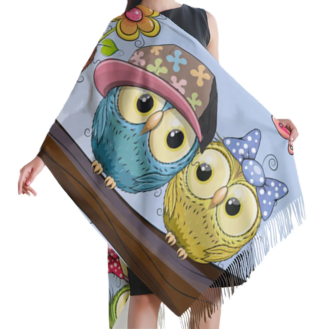Женский шарф на весну и зиму теплый кашемировый с изображением совы шарфа ветки