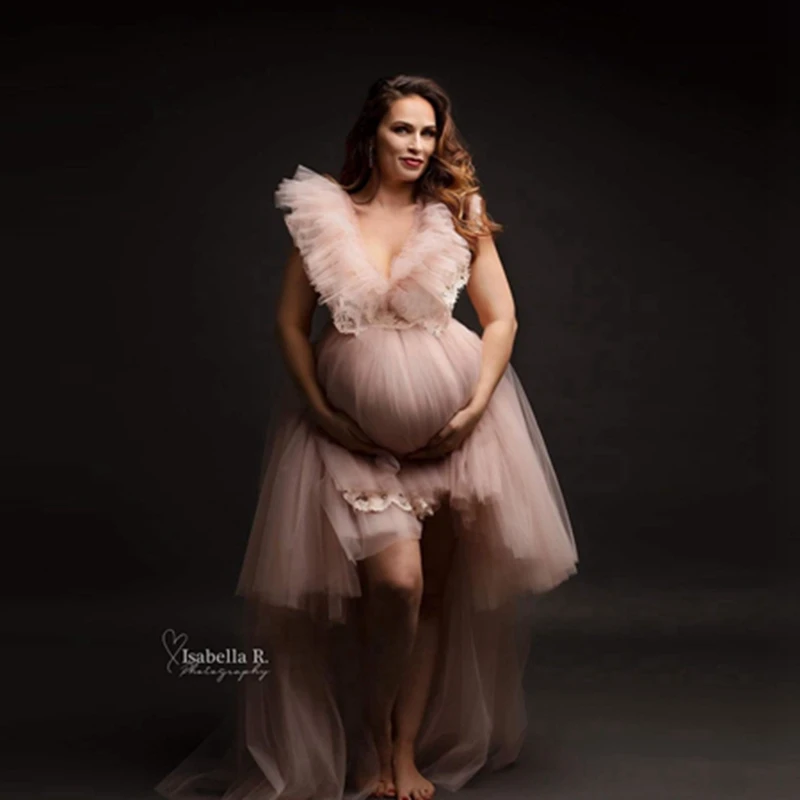 Pretty Blush Pink High Low Tulle Lace Maternity Dress Sexy V-neck Ruffles Pregnanty Women Gown To Photo-shoot Fashion Bridalgown