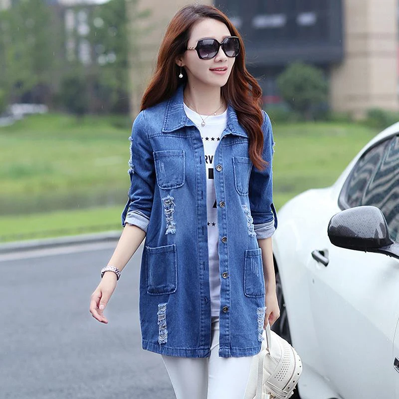

Women Jackets Korean Version Of The Long Section Large Size Long Sleeve Casual Thin Denim Jacket Hole Windbreaker Femme