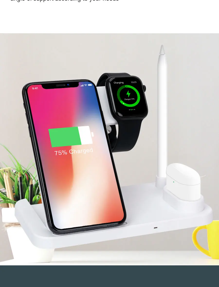 4 в 1 10 Вт Беспроводная зарядная док-станция для iPhone XR XS Max 8 Быстрая зарядка для Apple Watch 1 2 3 4 AirPods для samsung XiaoMI