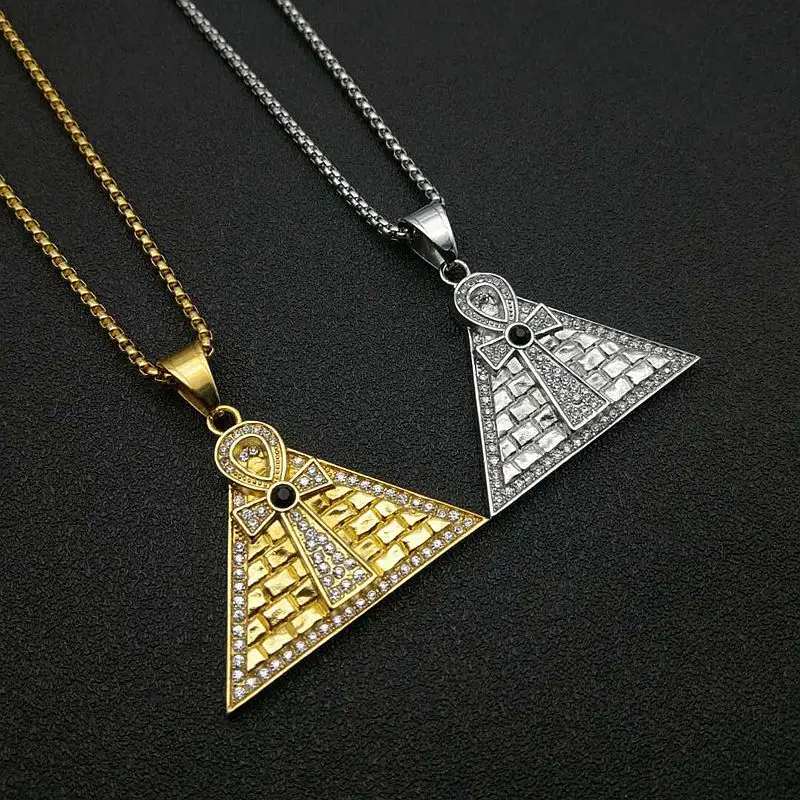 

Egyptian Pyramid Ankh Pendant Necklace Gold/Silver Color Iced Out Bling Chain Stainless Steel Ancient Egypt Jewelry Dropshipping