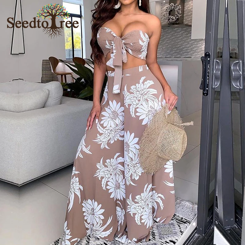 

Женский комплект из 2 предметов, укороченный топ с цветочным принтом и широкие брюки с завышенной талией