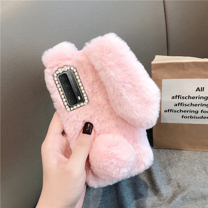 Пушистый милый силиконовый плюшевый чехол с кроличьим мехом для телефона Huawei Y7a P
