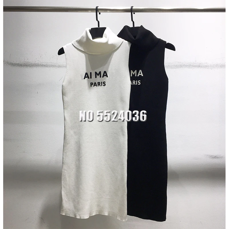 

New Autumn Winter Women Elegant Knitted Pencil Turtleneck Sleeveless Lady Slim Bodycon Dress