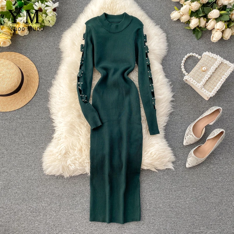 YuooMuoo Ins модное женское платье с длинным рукавом украшенное бисером новинка Осень