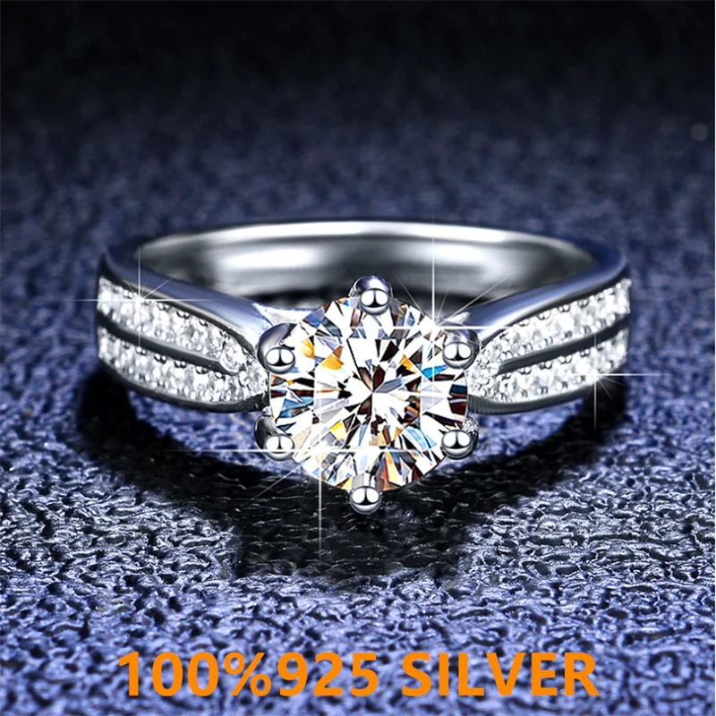 

925 colorfast women's sterling silver ring, D-COLOR Mossan diamond six claw double-layer ring, classic fashion anniversary gift