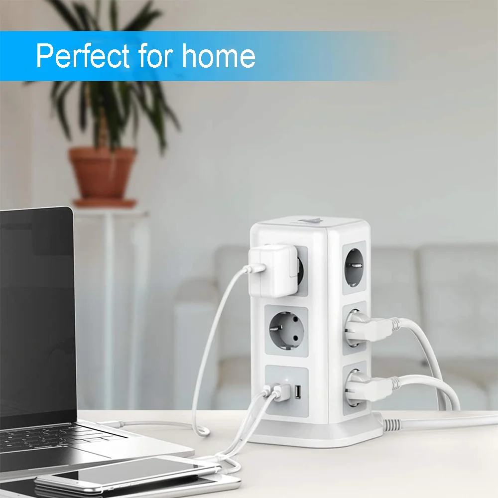 

EU Plug Outlet Power Strip Tower 12 EU Outlets 5 USB Ports 2M Extension Cord with Switch Overload protector USB Socket Office