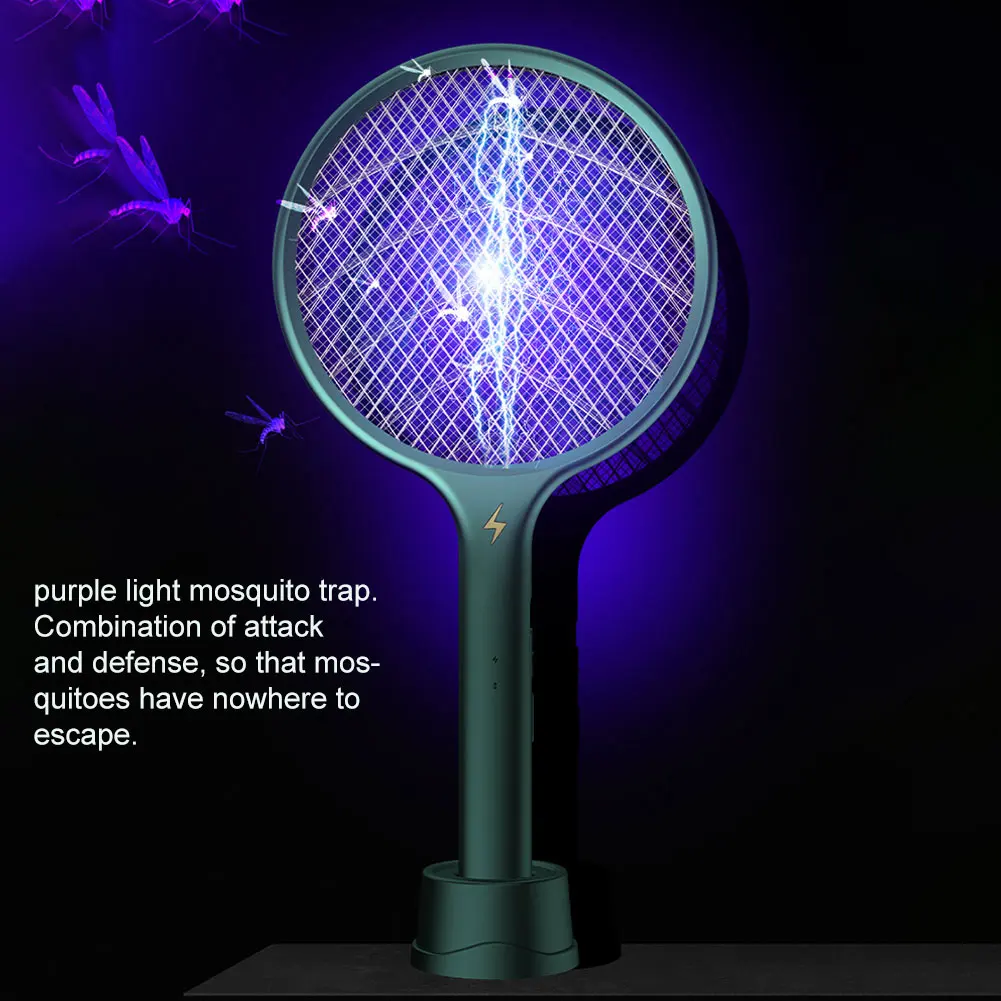 

Handheld USB Rechargeable Dual Use 3 Layer Mesh 3500V Grid Powerful Fly Swatter With LED Light Intelligent Detachable Base