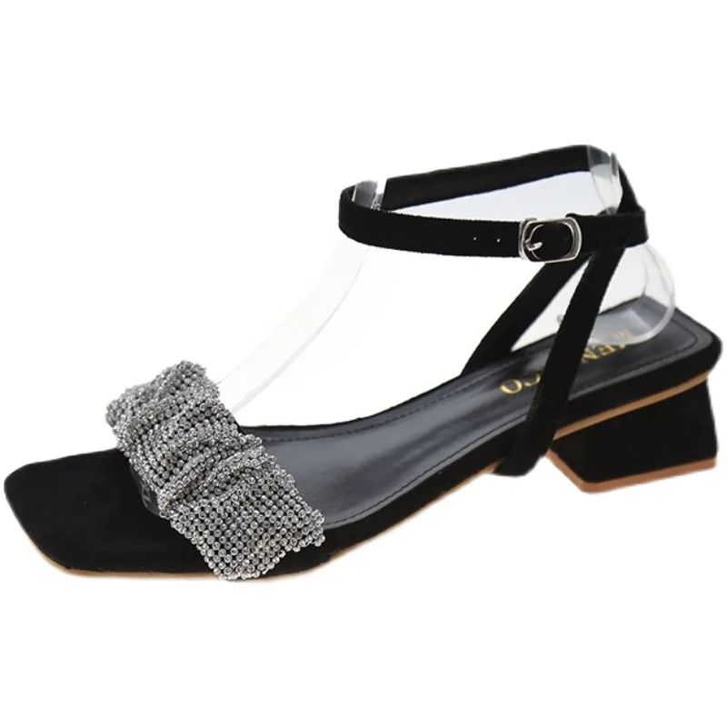

Buckle Strap Clear Heels Beige Heeled Sandals Velvet Shoes Med 2021 Summer Black Block Suede Medium Comfort New Girls High Fashi