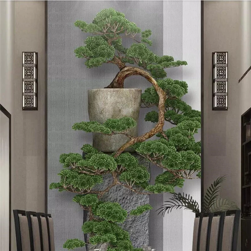 

wellyu New Chinese Zen three-dimensional pine tree porch decorative painting custom large mural green wallpaper mural