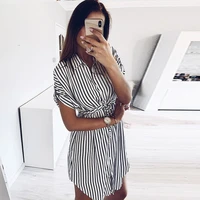 women elegant casual stripe print fashion drawstring bandage dresses 2021 short sleeve lapel party shirt dress summer sundress
