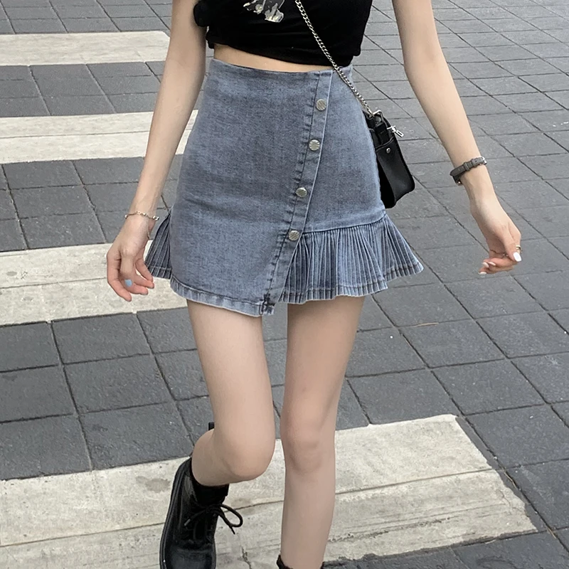 

Y2K Spice Girls Denim Skirt Women Spring 2021 New High Waist Pleated Skirt Feamle Streetwear Bevel Button Ruffle Skirts Mujer