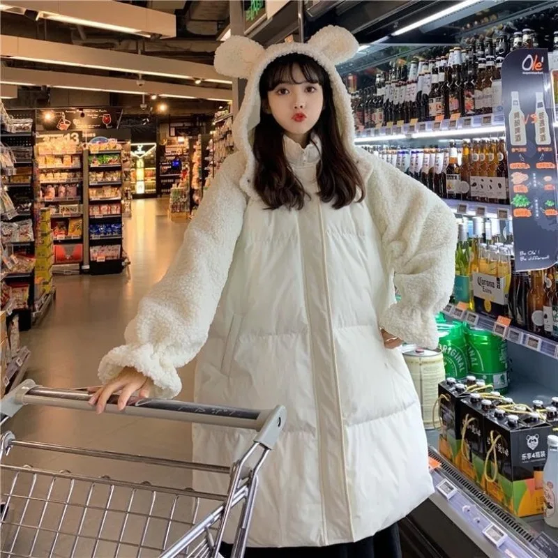 Женские стильные парки средней длины с капюшоном Kawaii Студенческая Лоскутная