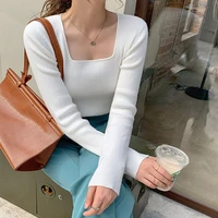 women sweater knitted top long sleeve square neck casual fashion woman jumpers slim fit sweaters spring fall ribbed pullovers